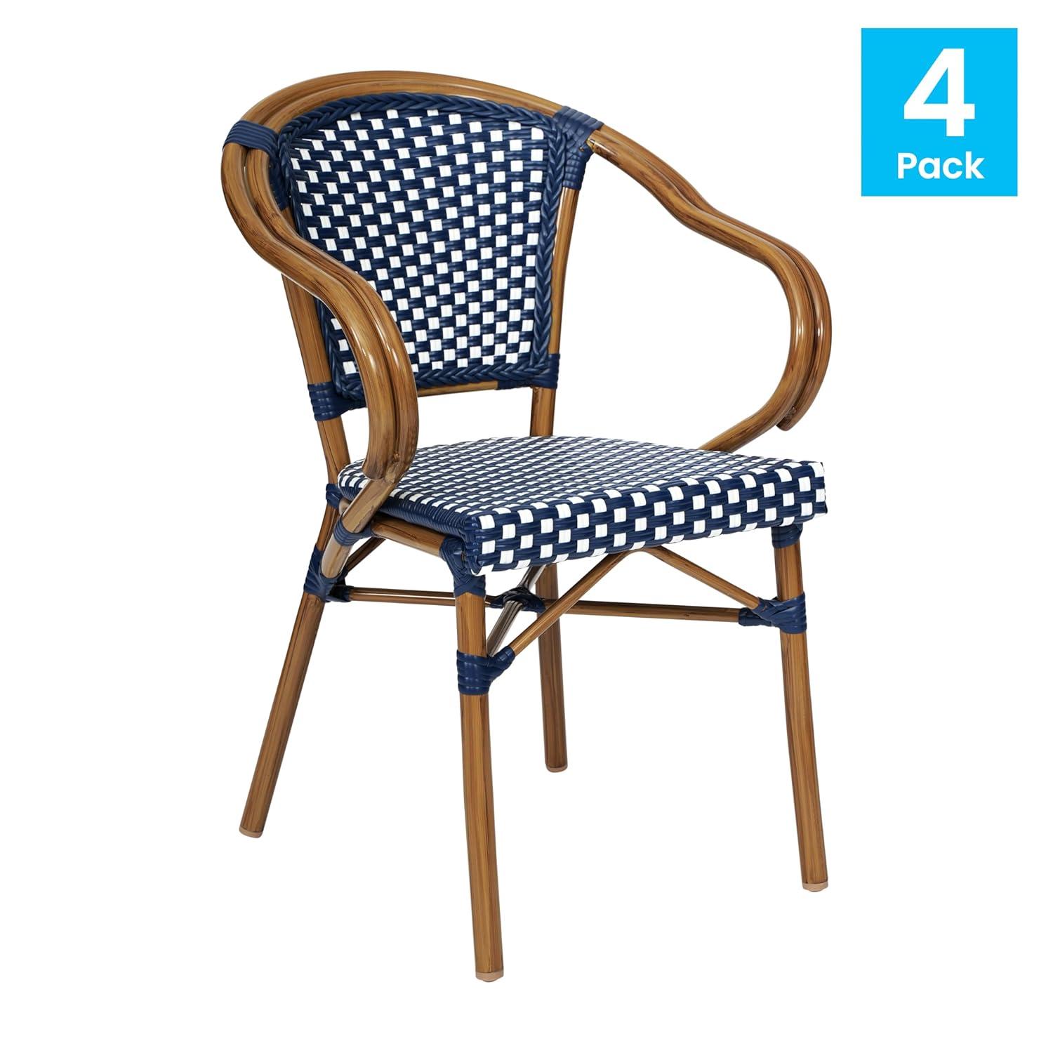 Flash Furniture 4 PK Bordeaux Indoor/Outdoor Commercial Bistro Stacking Chair w/ Arms, Navy & White PE Rattan & Bamboo Print Aluminum Frame in Natural