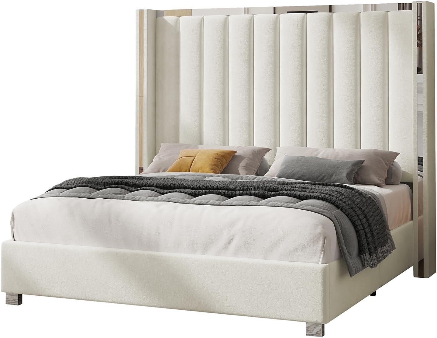 Merluxy Queen Bed Frame with 58" Tall Headboard,Silver Plating Trim,Velvet Upholstered,Cream