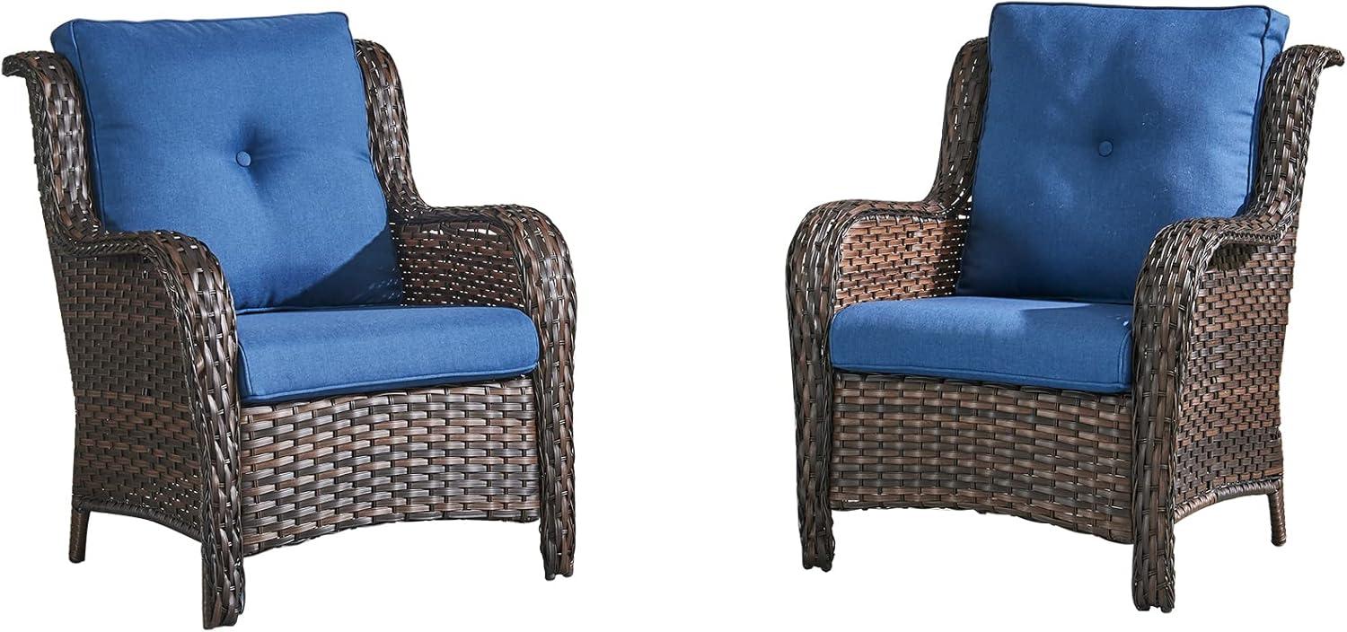 PARKWELL Outdoor Wicker Patio Chairs Set of 2,Lounge Chairs with Cushions for Porch Balcony Backyard,Brown Wicker and Blue Cushions