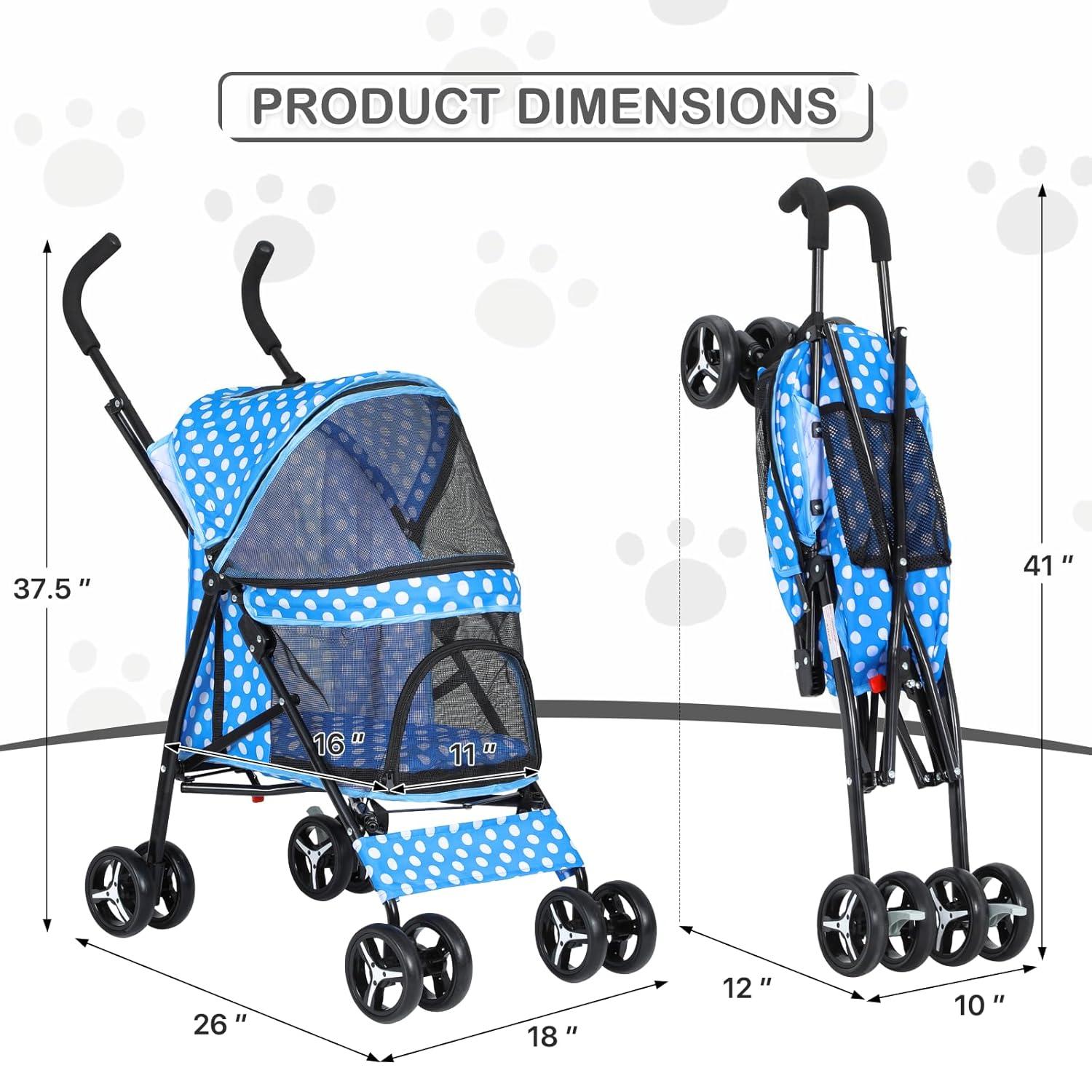 Sky Blue Polka Dot Foldable Pet Stroller with Mesh Windows