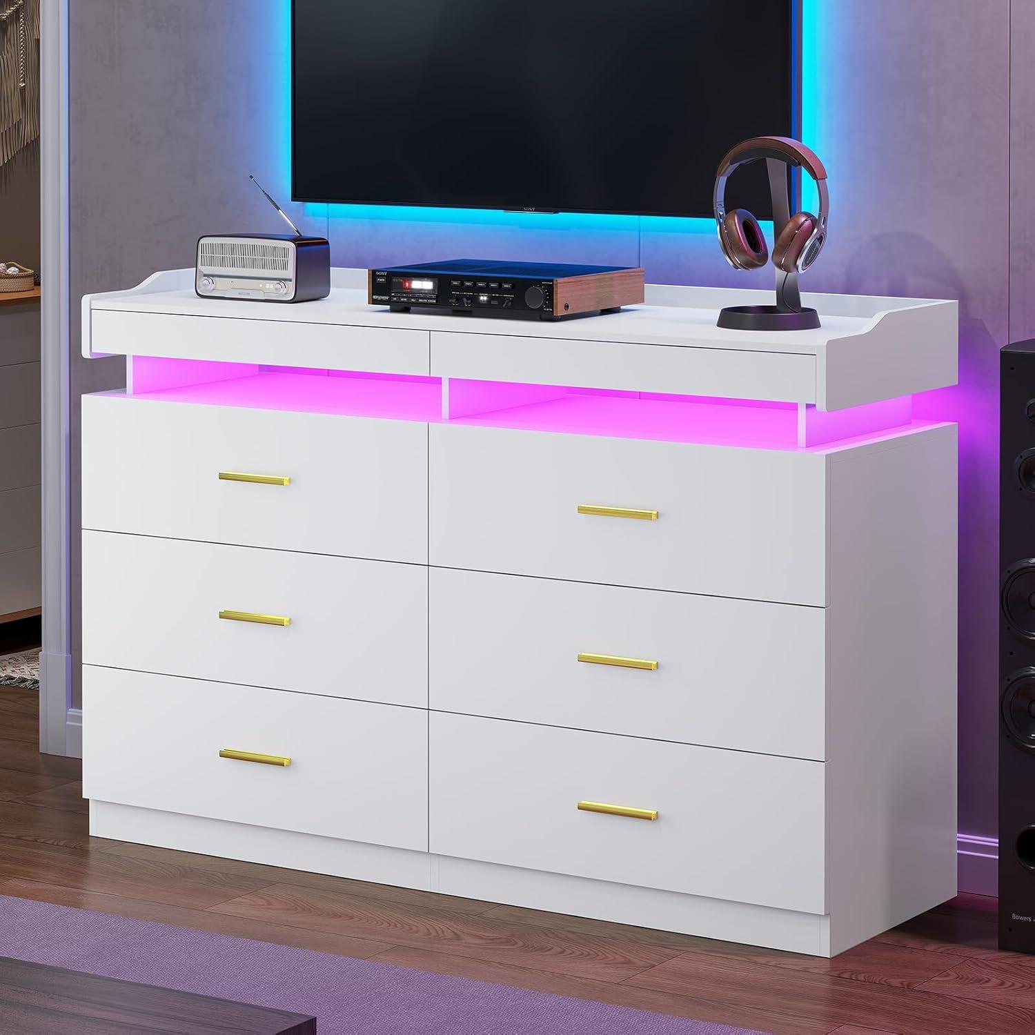 Modern LED Dresser for Bedroom, 6 Drawer Dresser with 2 Pull-Out Trays, Wide Dresser, White