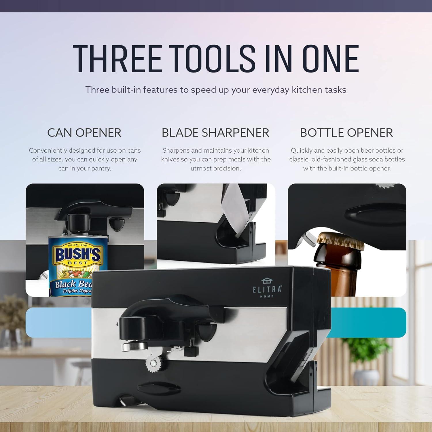 Elitra 3 in 1 Under the Cabinet Electric Can Opener, Blade Sharpener, Bottle Opener - Black
