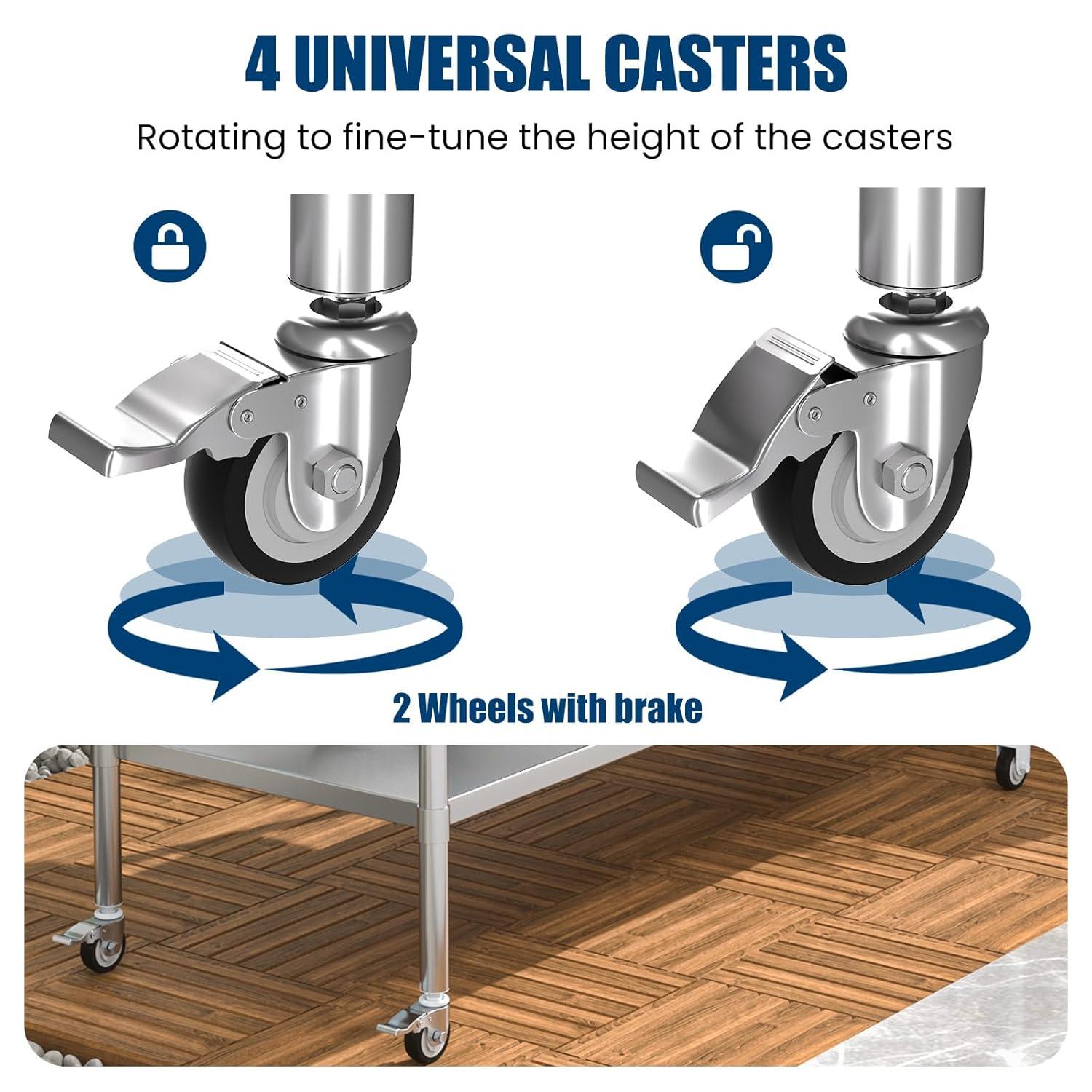 Stainless Steel Table with Wheels 24 x 60 Inches Metal Prep Table with Adjustable Undershelf for Commercial Kitchen, Outdoor, Restaurant, Hotel & Garage
