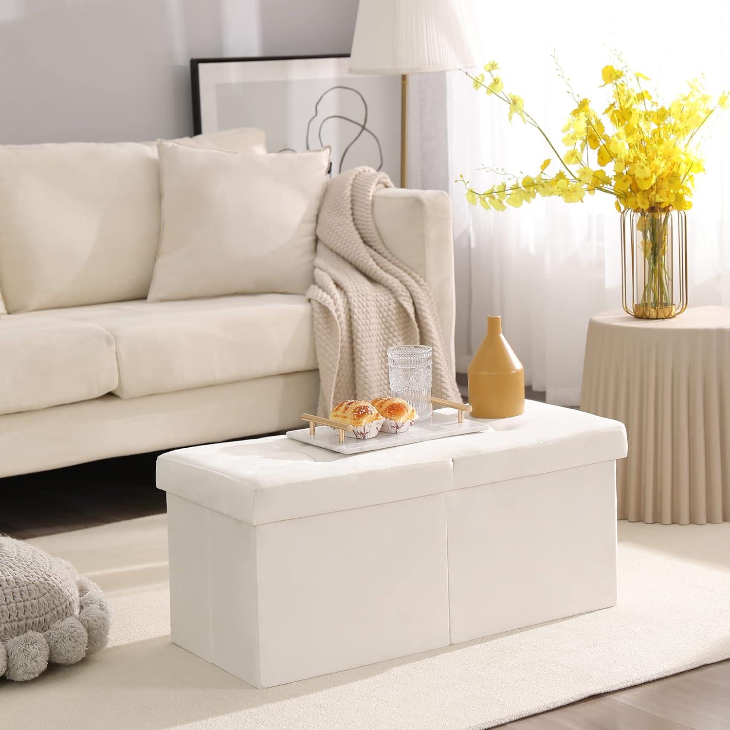 Cream Velvet Tufted Foldable Storage Ottoman Bench