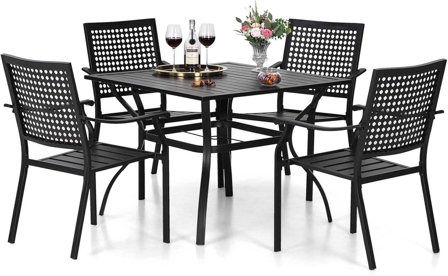 Black Iron 5-Piece Square Outdoor Dining Set with Umbrella Hole