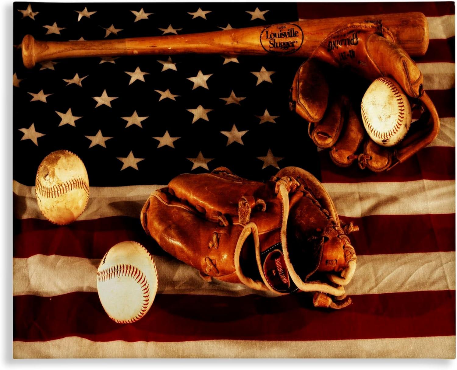 Vintage American Flag Baseball Sports Canvas Print, 16x20