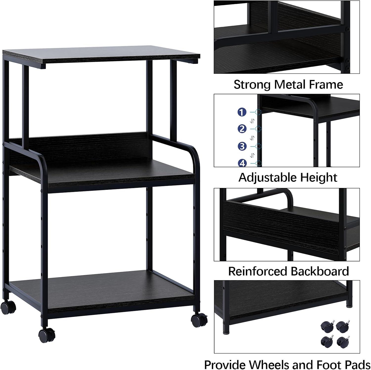 Printer Stand with Storage Shelf,3 Tier Printer Cart with Wheels,Mobile Printer Table for Home Office,Stands for Printer Heat Press Scanner Fax,Industrial Style (Black)