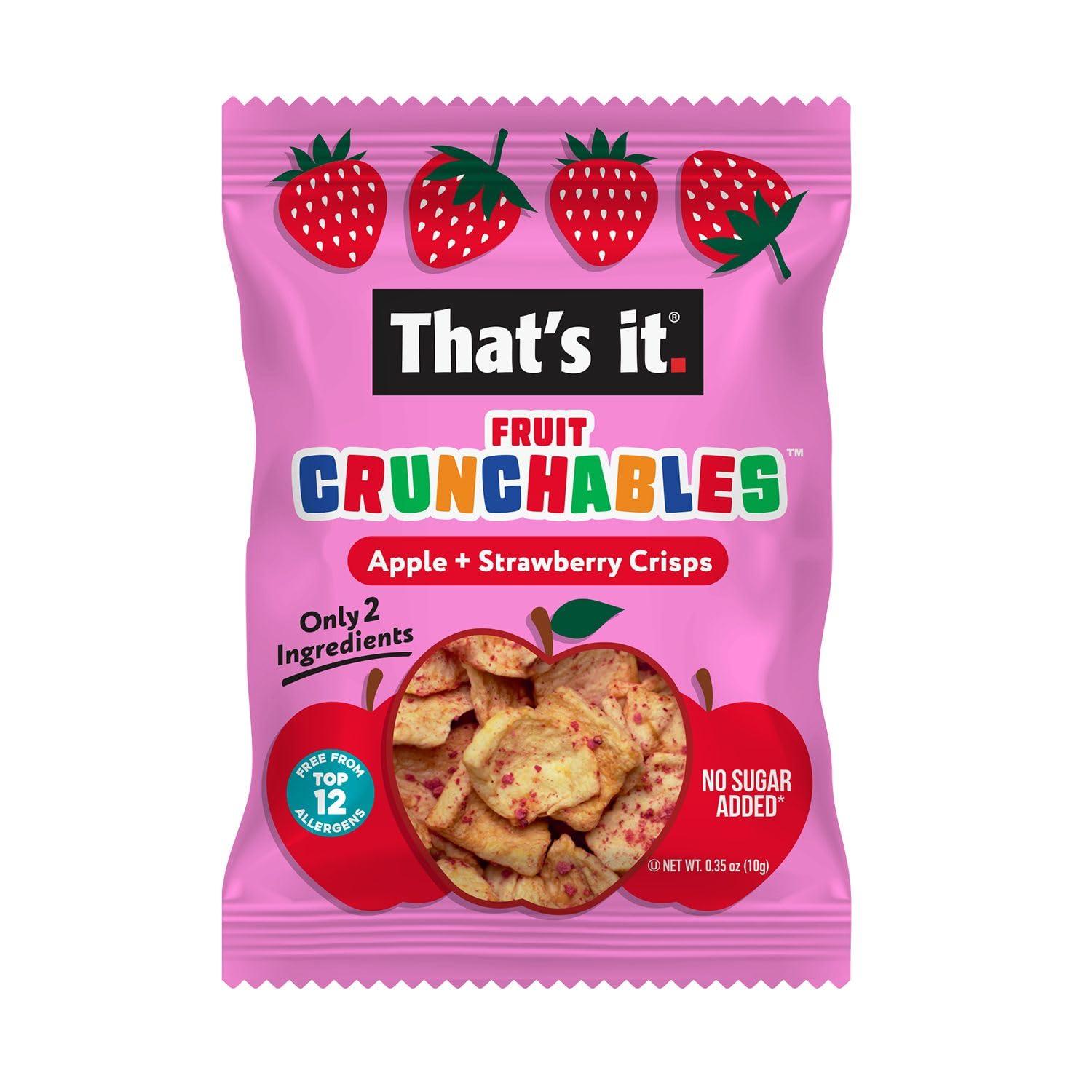 That’s it. Fruit Crunchables Apple + Strawberry Crisps, 15-Pack – 100% Real Fruit Snacks for Kids, Plant-Based, Non-GMO, Gluten-Free, No Sugar Added, Allergen-Free, Healthy Lunchbox Snack