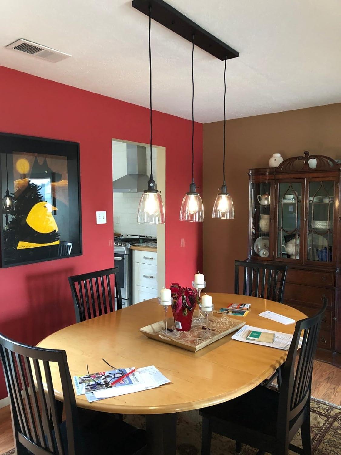 PERMO Vintage Rustic Industrial 3-Lights Kitchen Island Chandelier Triple 3 Heads Pendant Hanging Ceiling Lighting Fixture with Funnel Flared Clear Glass Shade (Black)