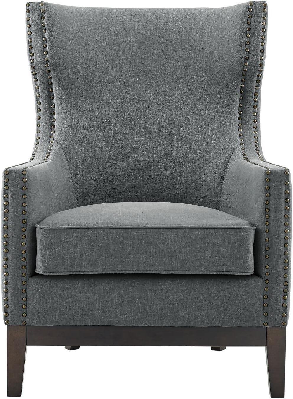 Roswell Contemporary Gray Linen Accent Chair with Brass Nailhead