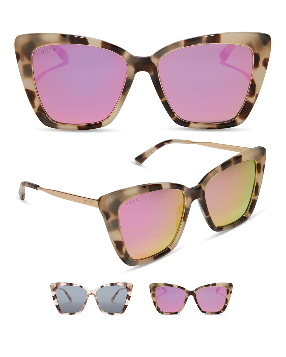 Oversized Cat Eye Cream Tortoise Sunglasses with Pink Mirrored Lenses