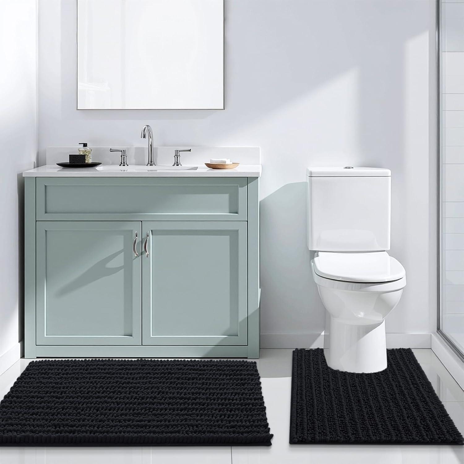 Luxury Chenille Bathroom Rug Mat, Extra Soft Thick Absorbent Shaggy Bath Rugs, Non-Slip Machine Wash Dry Plush Bath Mats for Bathroom, Shower, and Tub (24"x16", Light Grey)