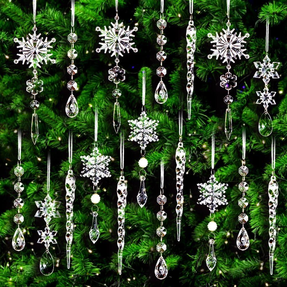 MGEZCOO Christmas Acrylic Snowflake and Icicle Ornaments Set, 18 Pieces - Crystal-Clear Holiday Tree Decorations