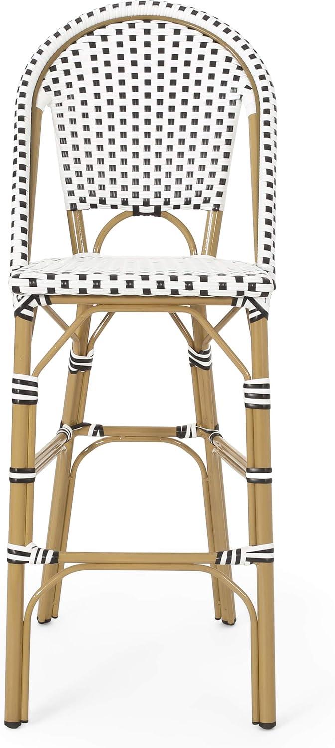 Kinner Black and White Wicker Outdoor Barstools with Bamboo Finish, Set of 2