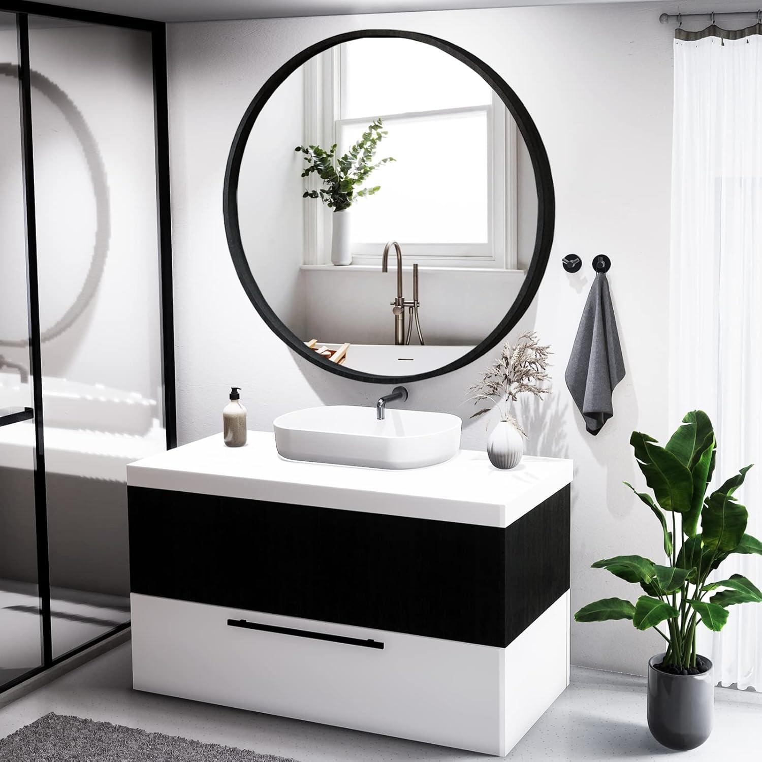 Walnut Round Pine Wood Mirror, 32" Diameter