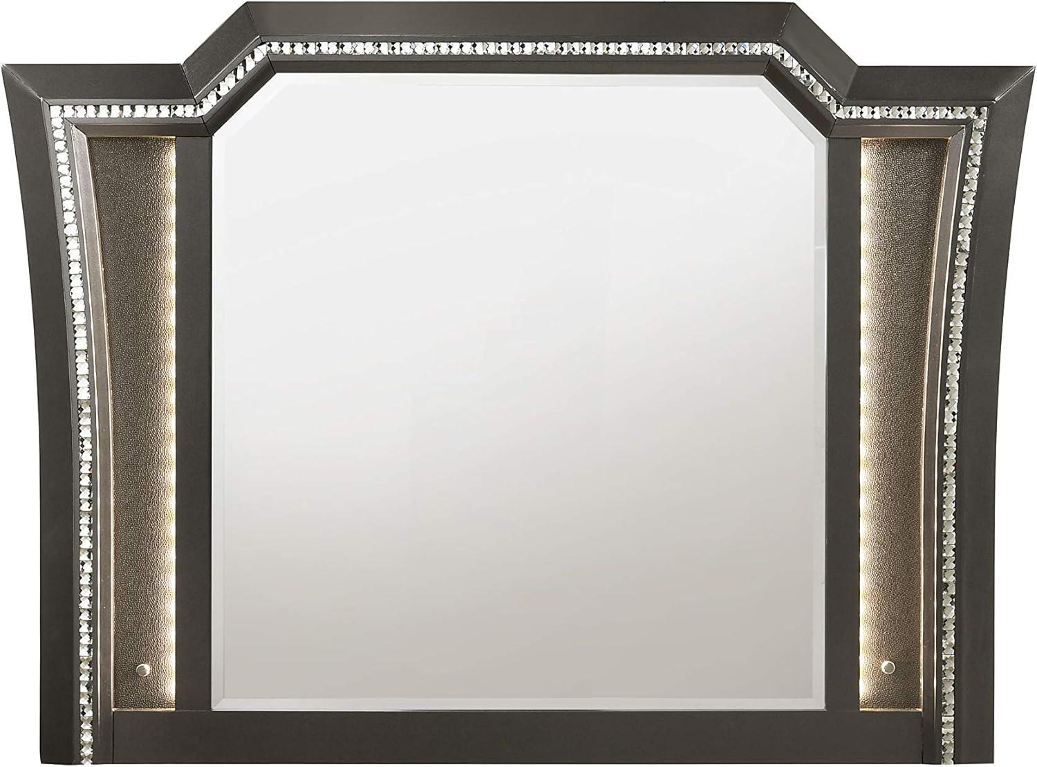 Gray Rectangular Wood Mirror with LED Lights and Crystal Trim