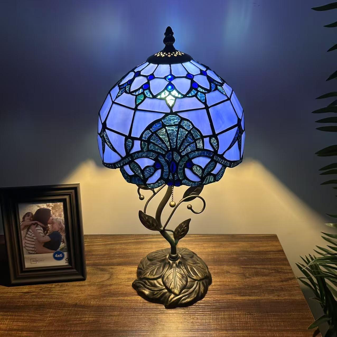 Tiffany Table Lamp Blue Stained Glass Baroque Style Lavender Iron Metal Leaves Bronze Base Included LED Bulb for Living Room Bedroom Bedside 10"W*10"D*20"H