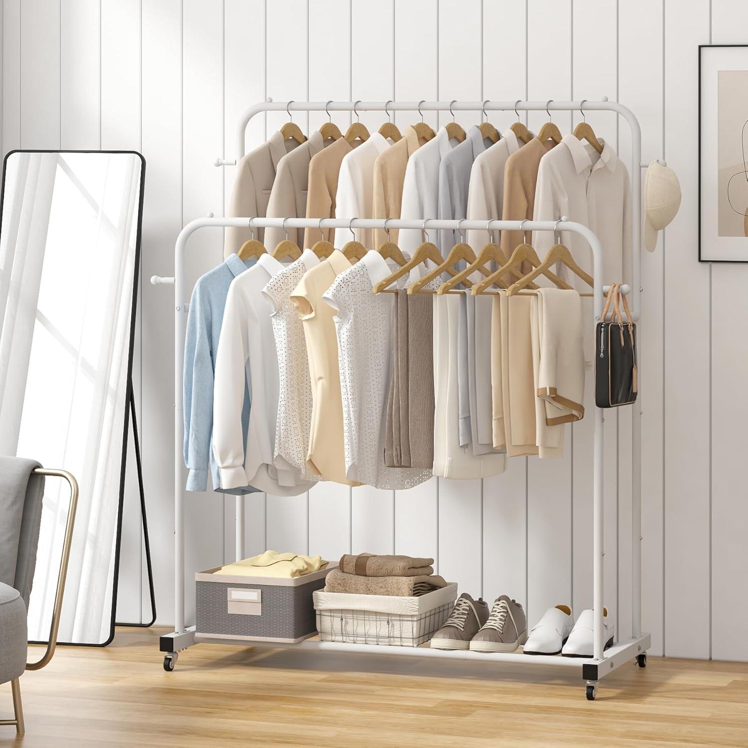 White Double Rods Garment Rack with Wheels and Hooks