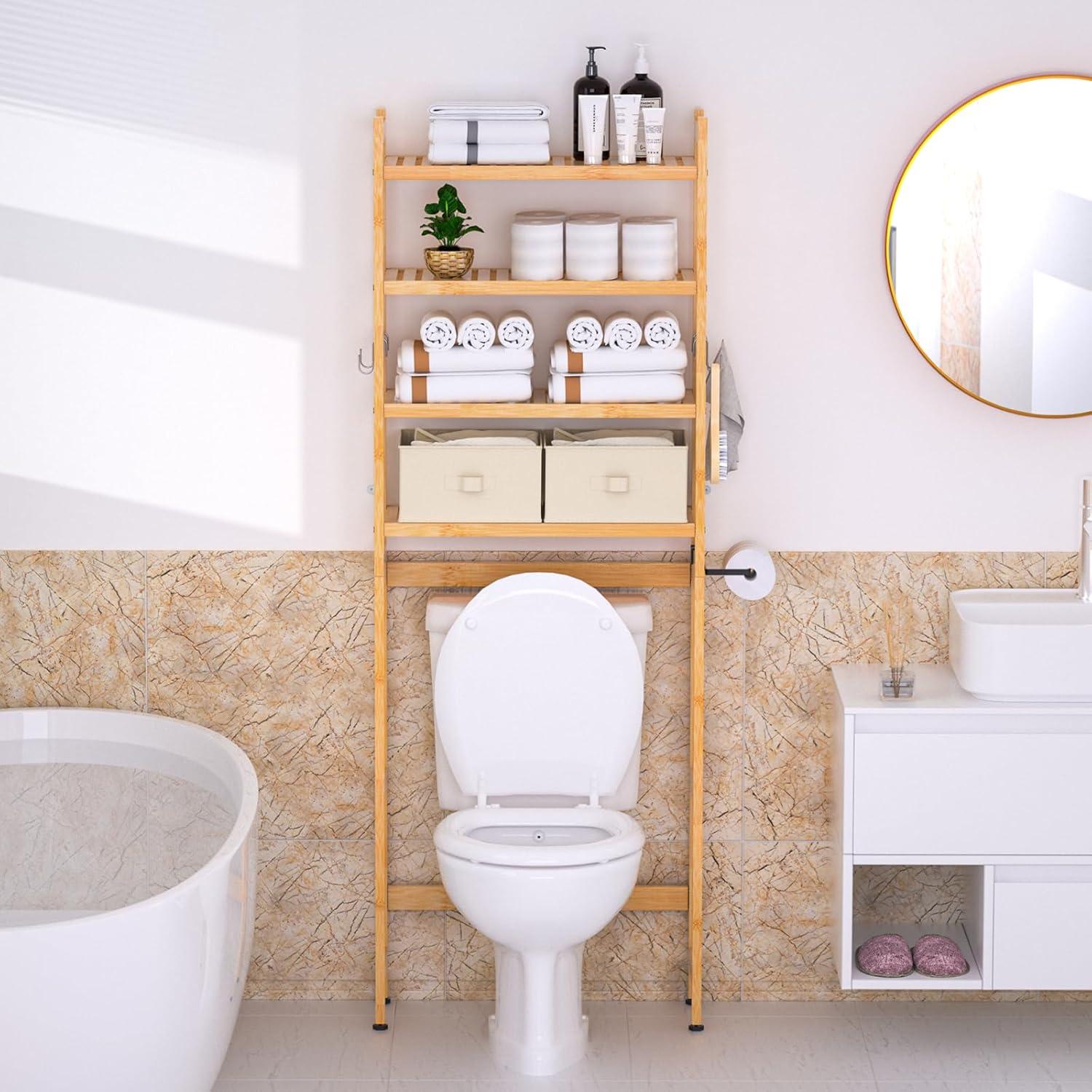 Natural Bamboo 4-Tier Over-the-Toilet Storage Rack with Baskets