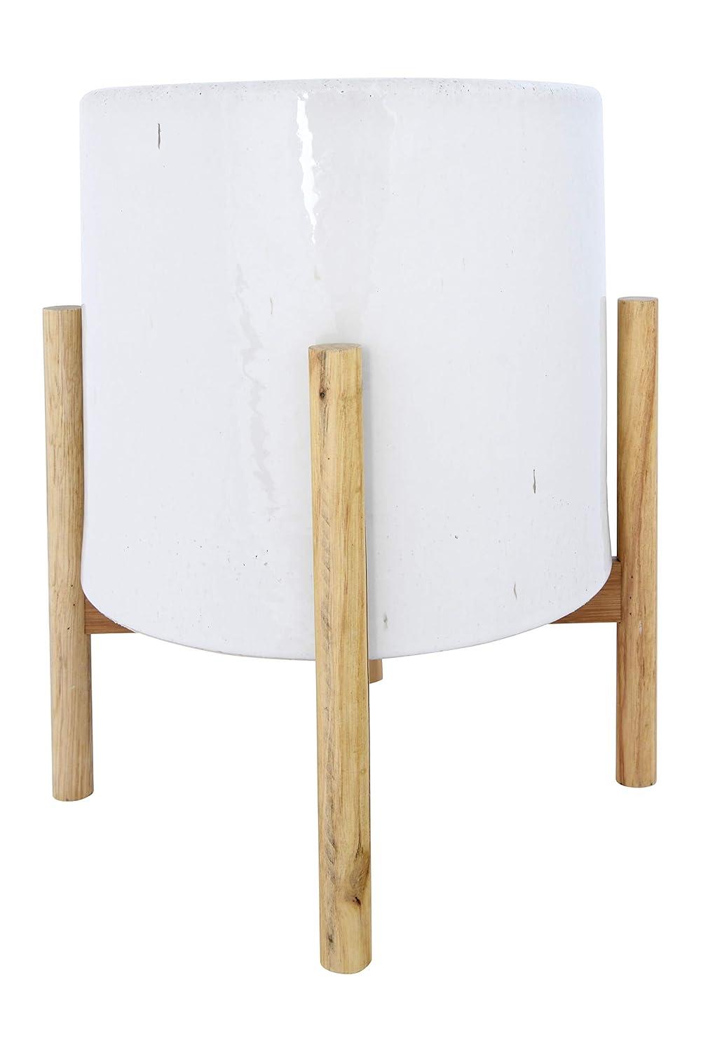 Creative Co-Op Round Stoneware Planter on Wood Holder (Set of 2 Pieces/Holds 10" Pot)