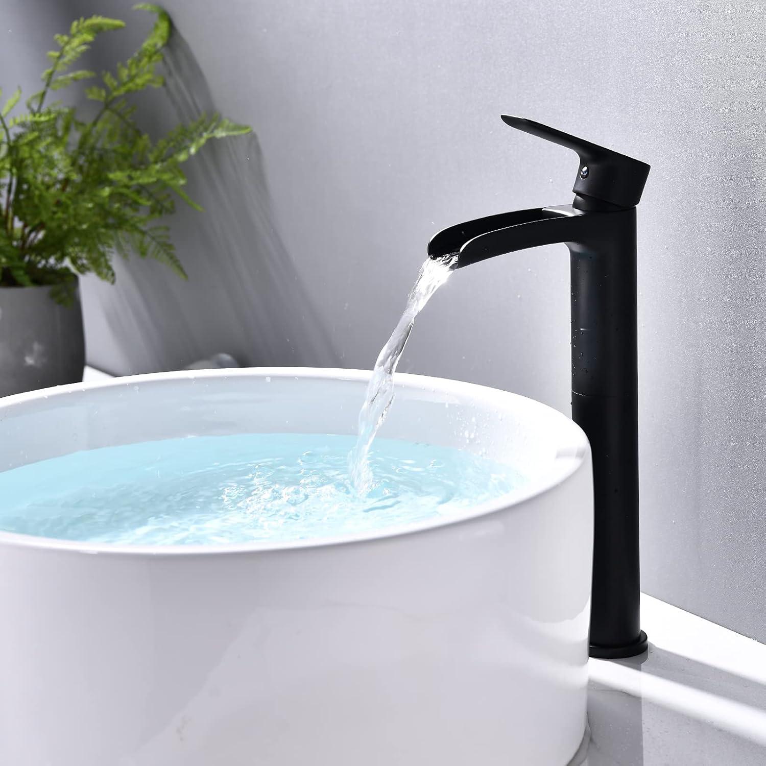 NEWATER Matte Black Tall Bathroom Vessel Sink Faucet, Single Hole Single Handle Waterfall Modern Bathroom Faucet, Vanity Faucet with Water Supply Line