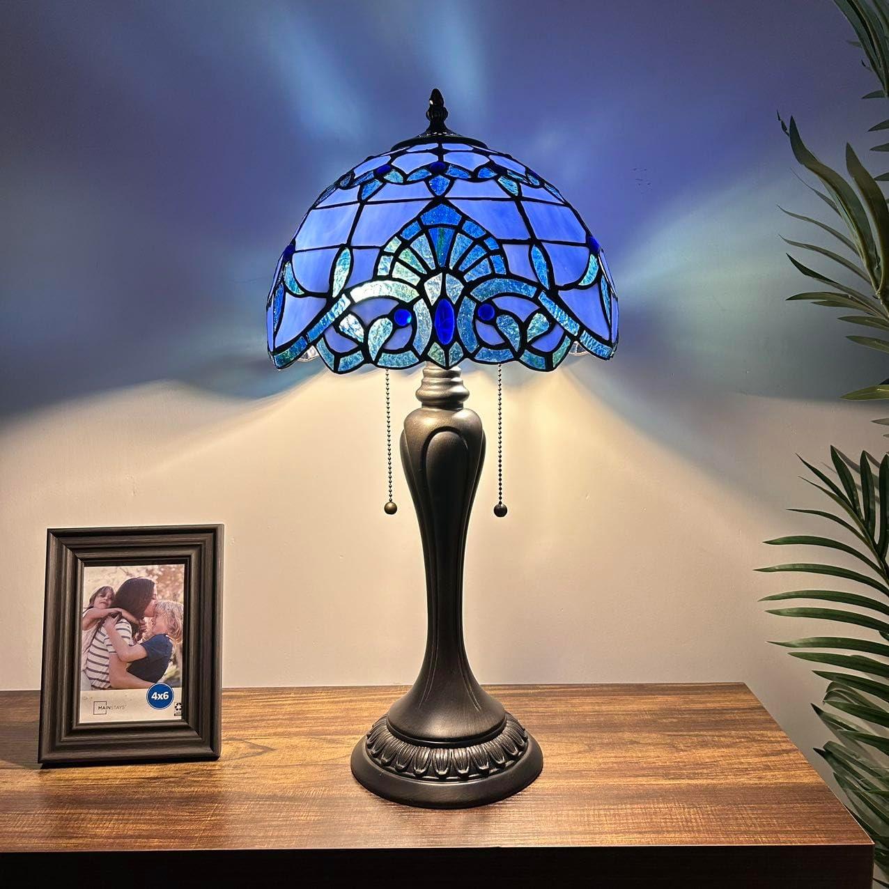 Tiffany Table Lamp Blue Stained Glass Baroque Style Lavender LED Bulbs Included for Living Room Dining Room Bedroom 12"W*12"D*22"H