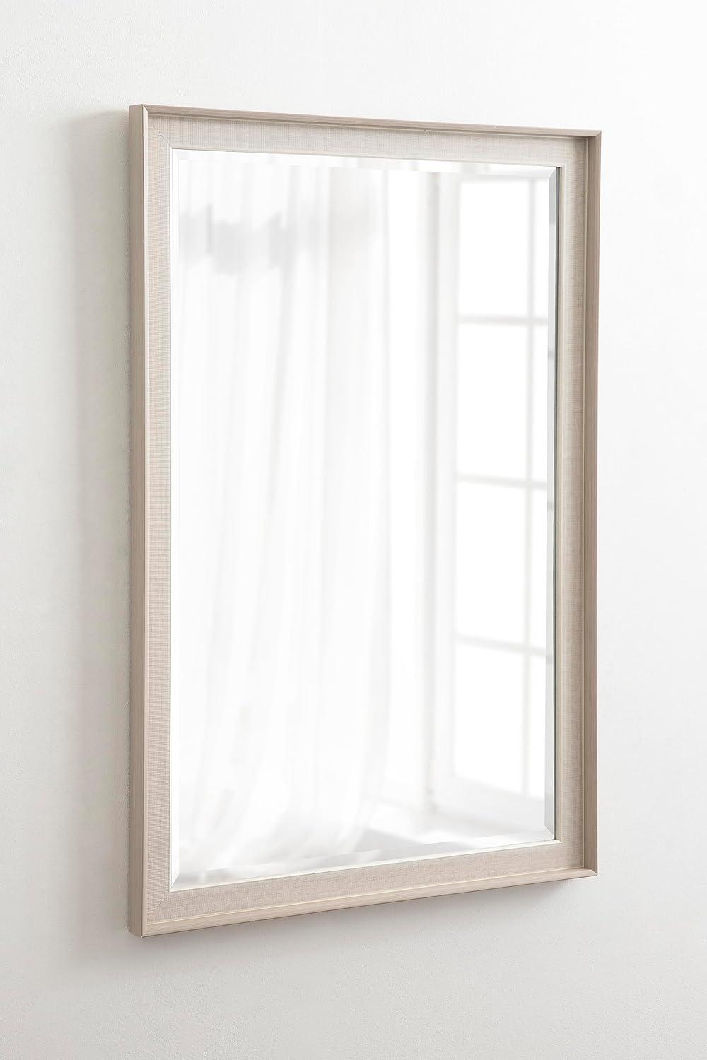 Natural Linen Texture Rectangular Wall Mirror with Beveled Edge