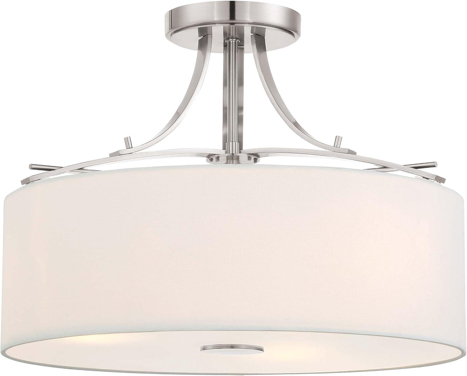 Transitional Brushed Nickel 3-Light Semi-Flush Mount with White Linen Shade