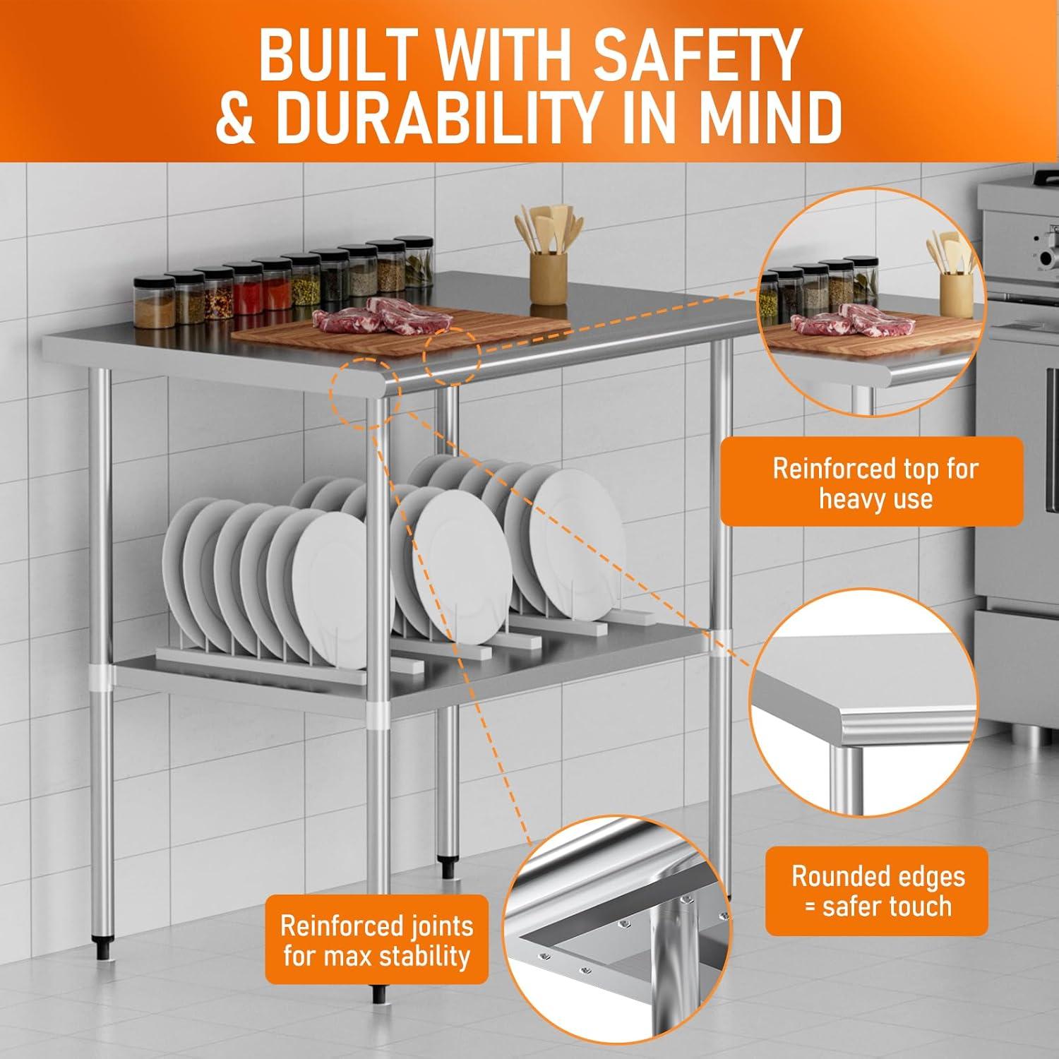 ROVSUN 36'' x 24'' Stainless Steel Table for Prep & Work, Metal Table with Undershelf for Kitchen Restaurant, Home