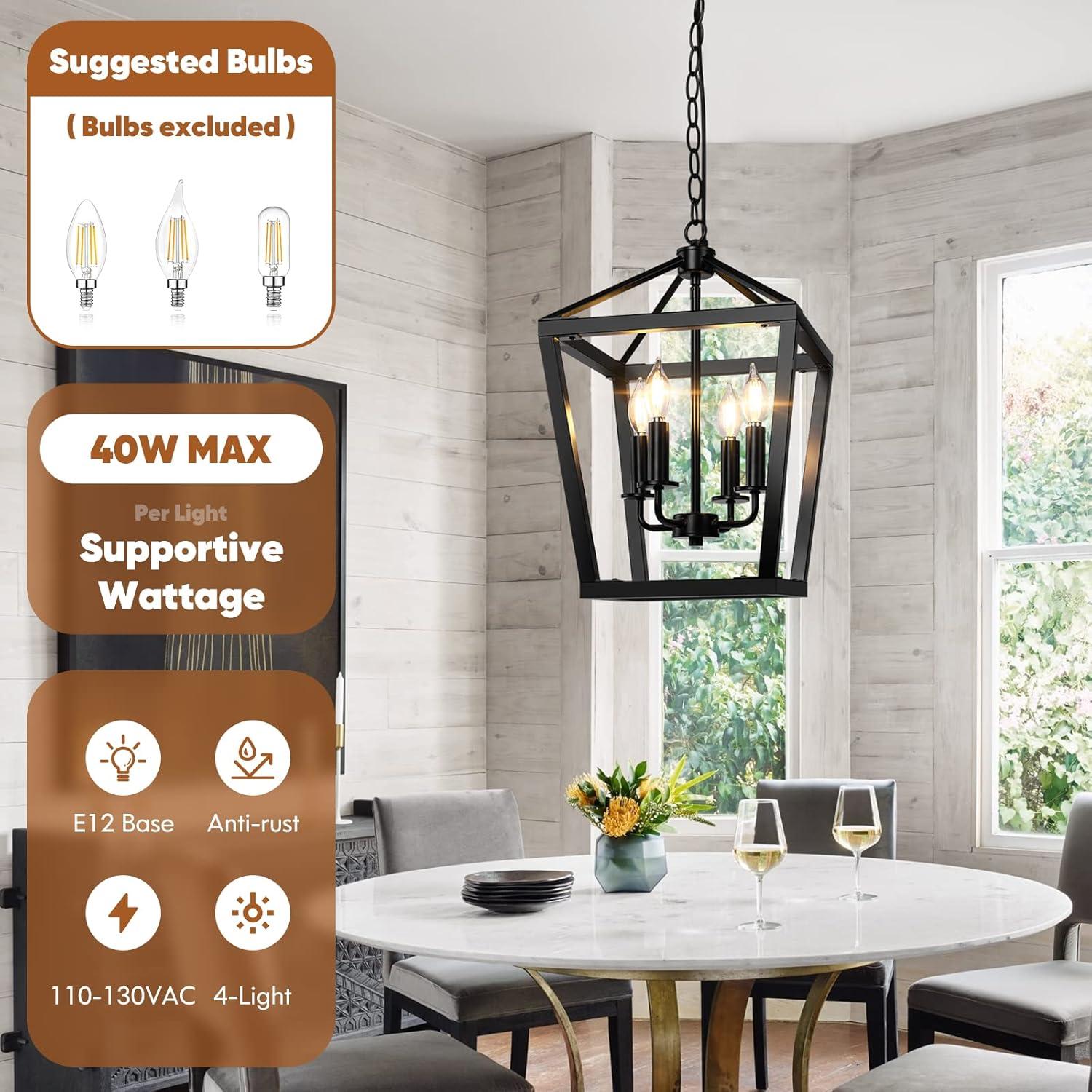 4 Light Chandelier, Industrial Ceiling Light Black Lantern Light Fixtures with Farmhouse Metal Cage Adjustable Height Rustic Geometric Hanging Light E12 Base for Kitchen Island, Entryway, Indoor