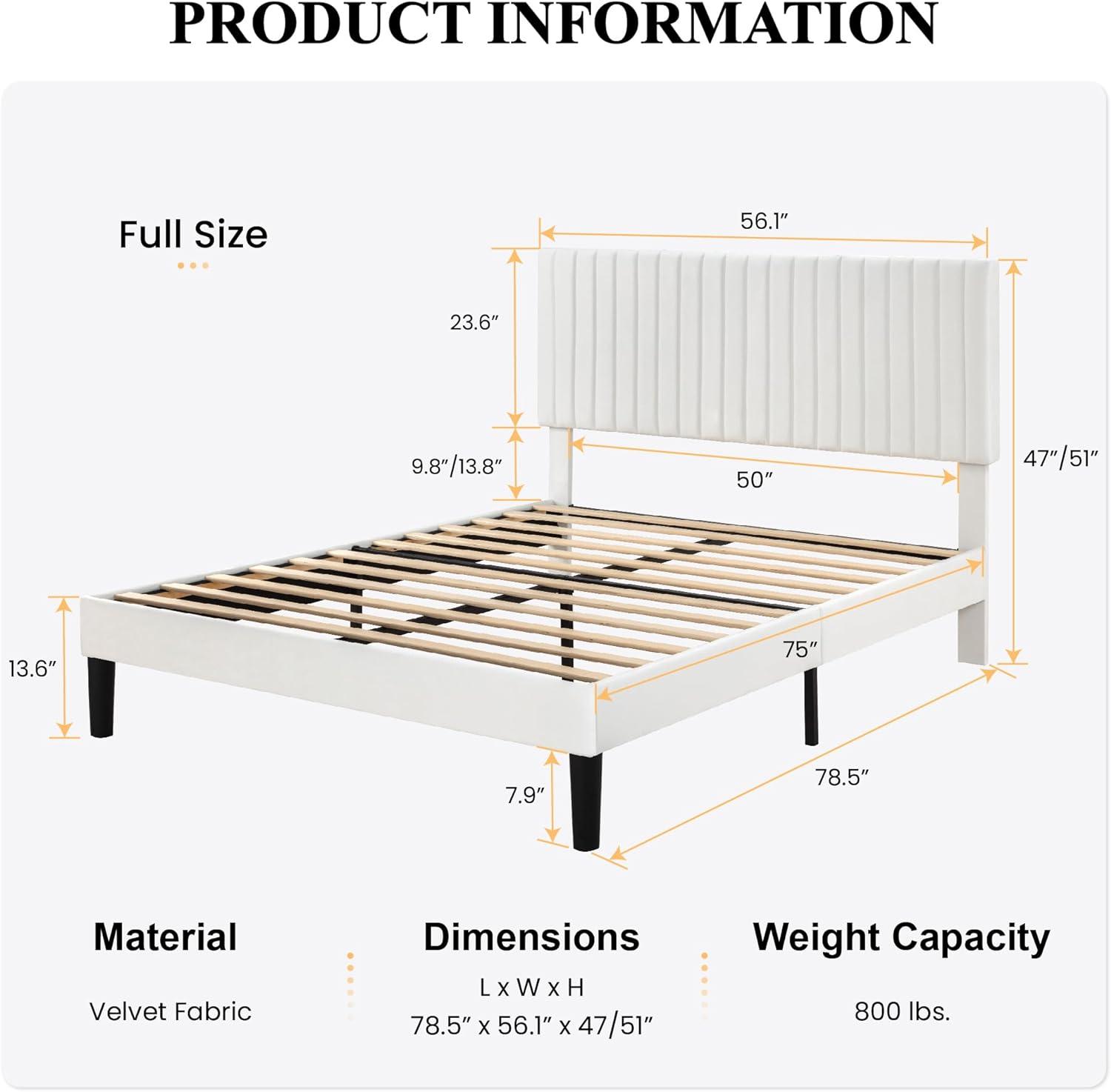 SHA CERLIN Full Upholstered Platform Bed Frame with Vertical Channel Tufted Velvet Fabric Adjustable Headboard, Wooden Slats Support, Mattress Foundation, Box Spring Optional, White