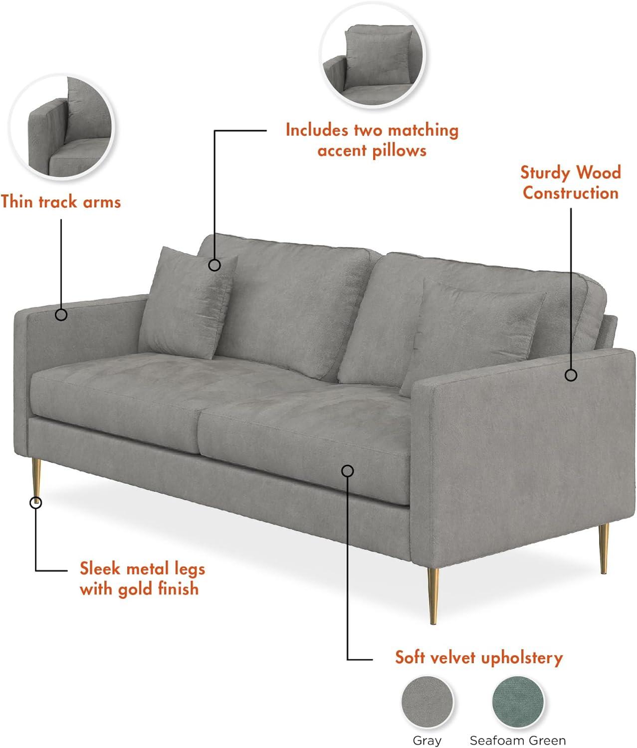 Chic Gray Velvet Sofa with Gold Metal Legs and Accent Pillows