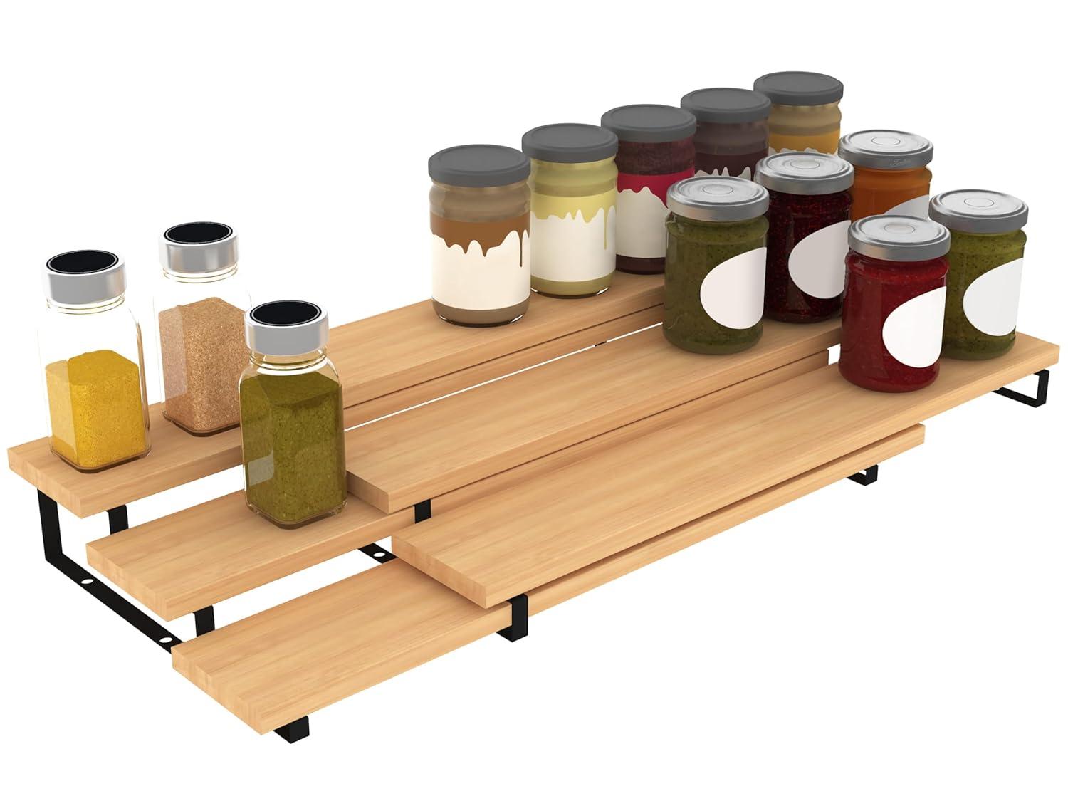 3 Tier Expandable Bamboo Spice Rack Cabinet Step Shelf Organizer for Kitchen Pantry Countertop Cupboard
