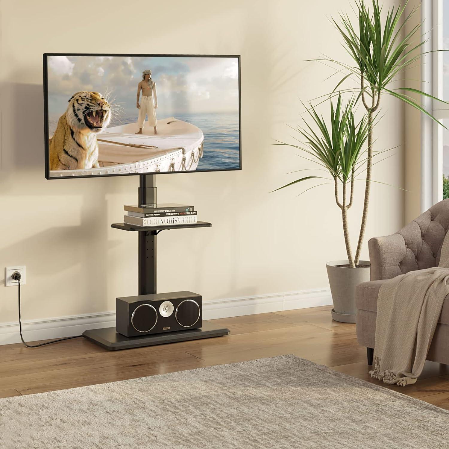 Black Swivel Floor TV Stand with Wood Base and Power Outlet