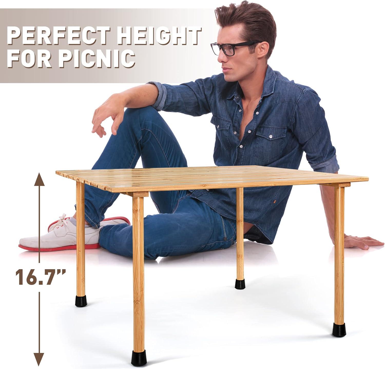Tirrinia 26x26in Bamboo Picnic Table with Carrying Bag + Free Picnic Pad, Outdoor Portable All-Purpose Table for Concerts, Camping, Beach, Tailgating, Patio, Kitchen, Living Room