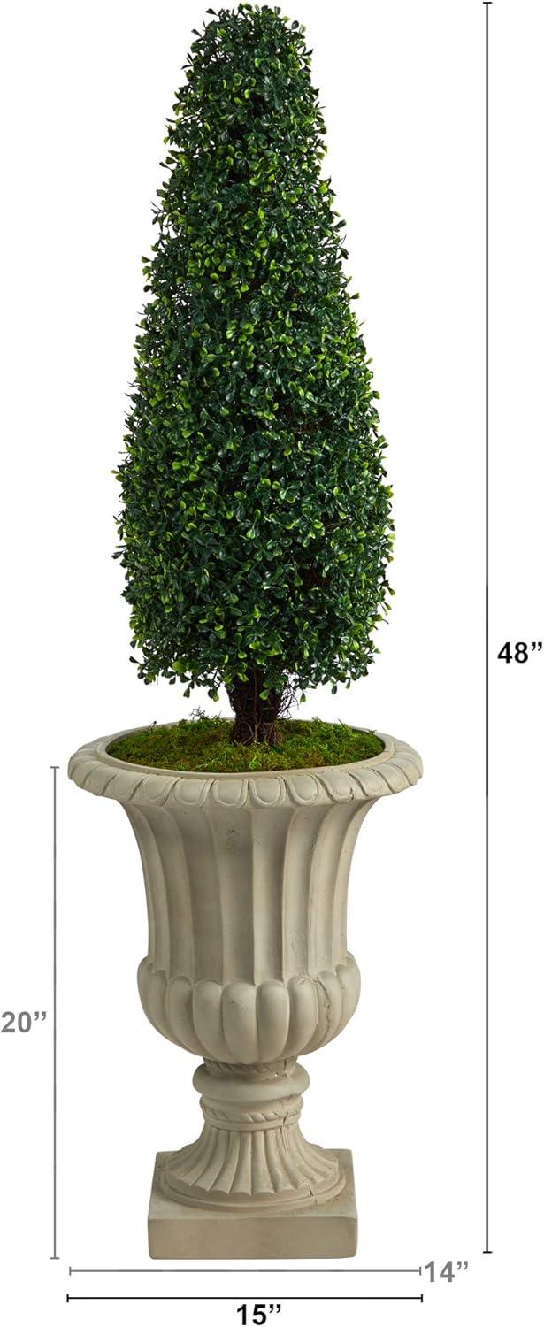 Nearly Natural 4ft. Boxwood Tower Artificial Topiary Tree in Sand Finished Urn (Indoor/Outdoor)