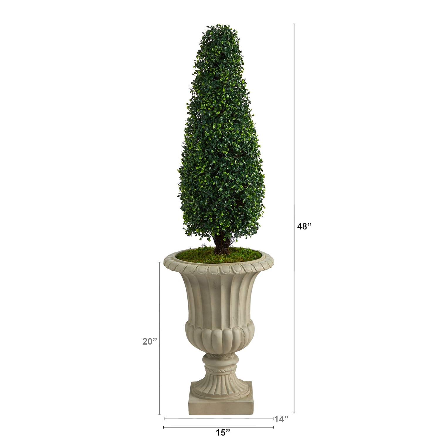 Nearly Natural 4ft. Boxwood Tower Artificial Topiary Tree in Sand Finished Urn (Indoor/Outdoor)