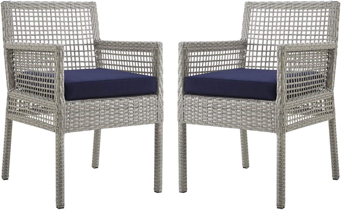 Gray Wicker Rattan Outdoor Dining Chairs with Navy Cushions