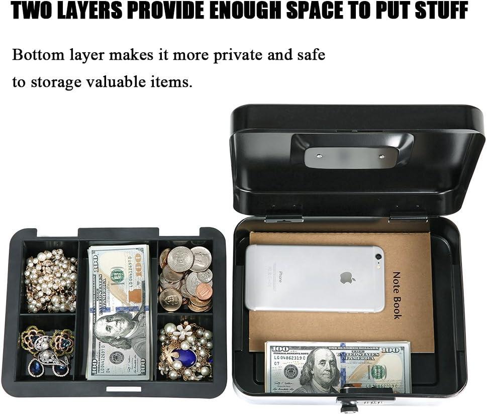 KYODOLED Large Cash Box with Combination Lock Safe Metal Money Box with Money Tray for Security Lock Box 9.84"x 7.87"x 3.54" Black