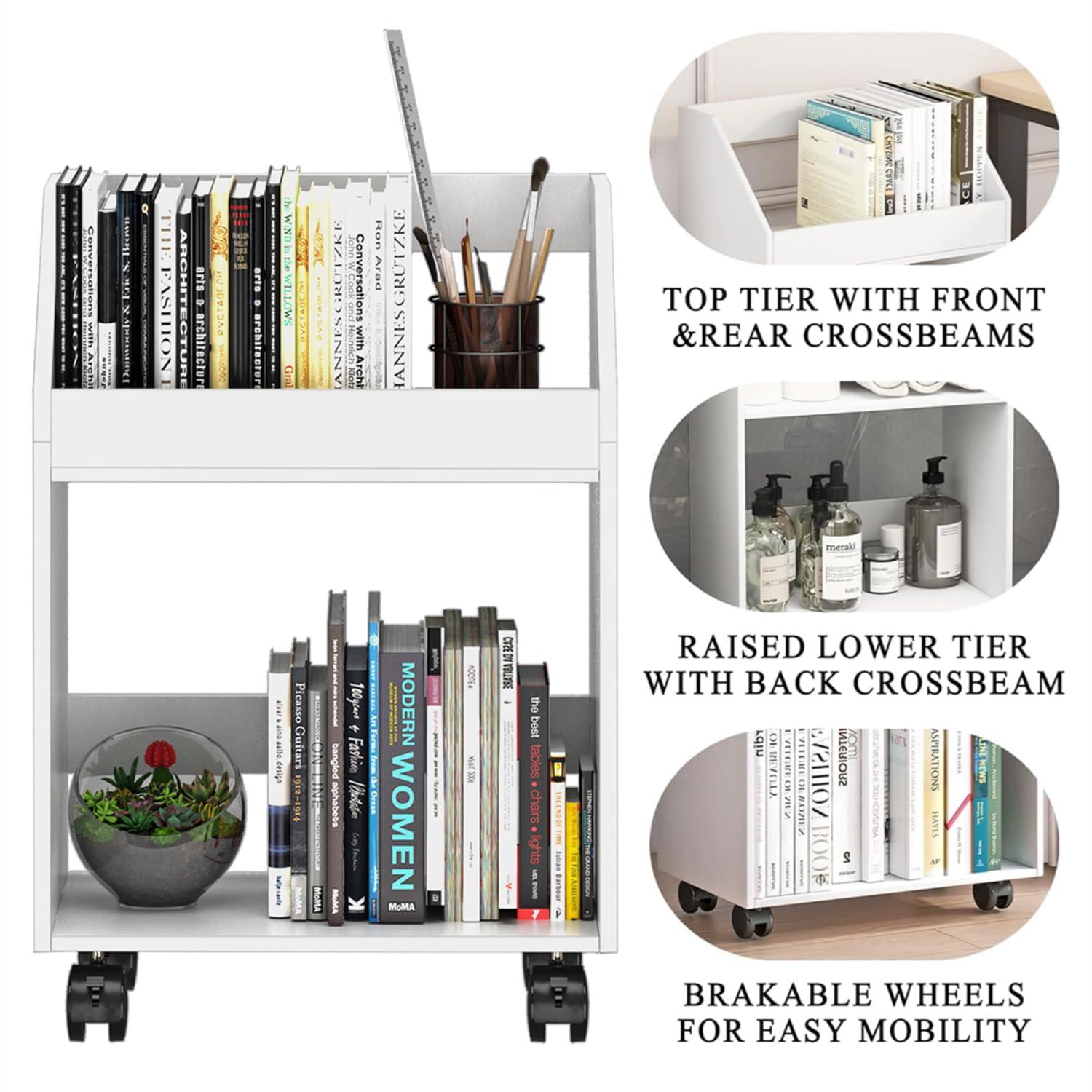 2-Tier Mobile Bookshelf, White Bookcase with Wheels, Rolling File Holder Desk File Book Organizer for Home Office Living Room School