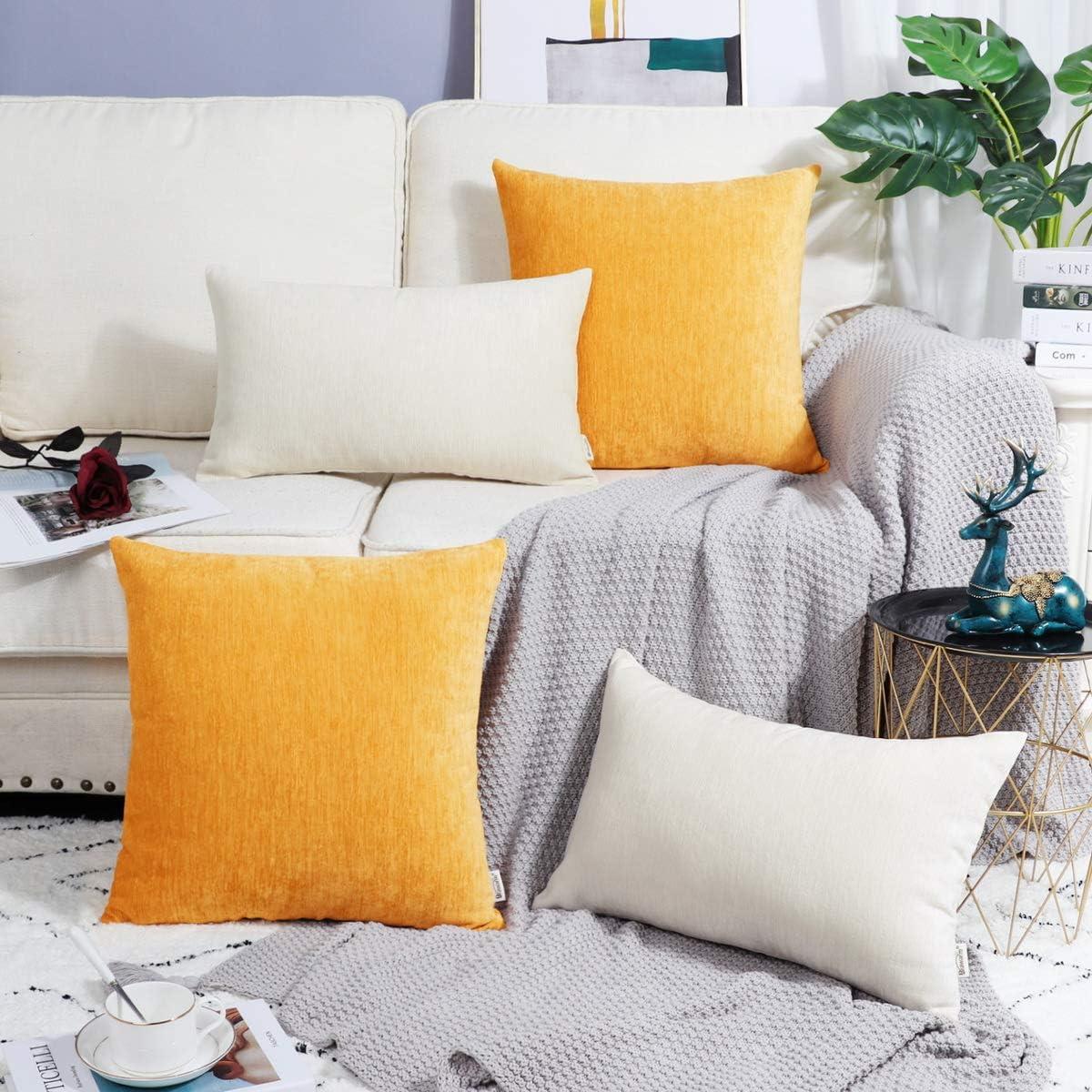 BRAWARM Throw Pillow Covers 12x20 Inches - Cream Chenille Lumbar Pillow Covers Pack of 2, Solid Dyed Soft Chenille Pillow Cases for Couch Sofa Bed Home Decoration