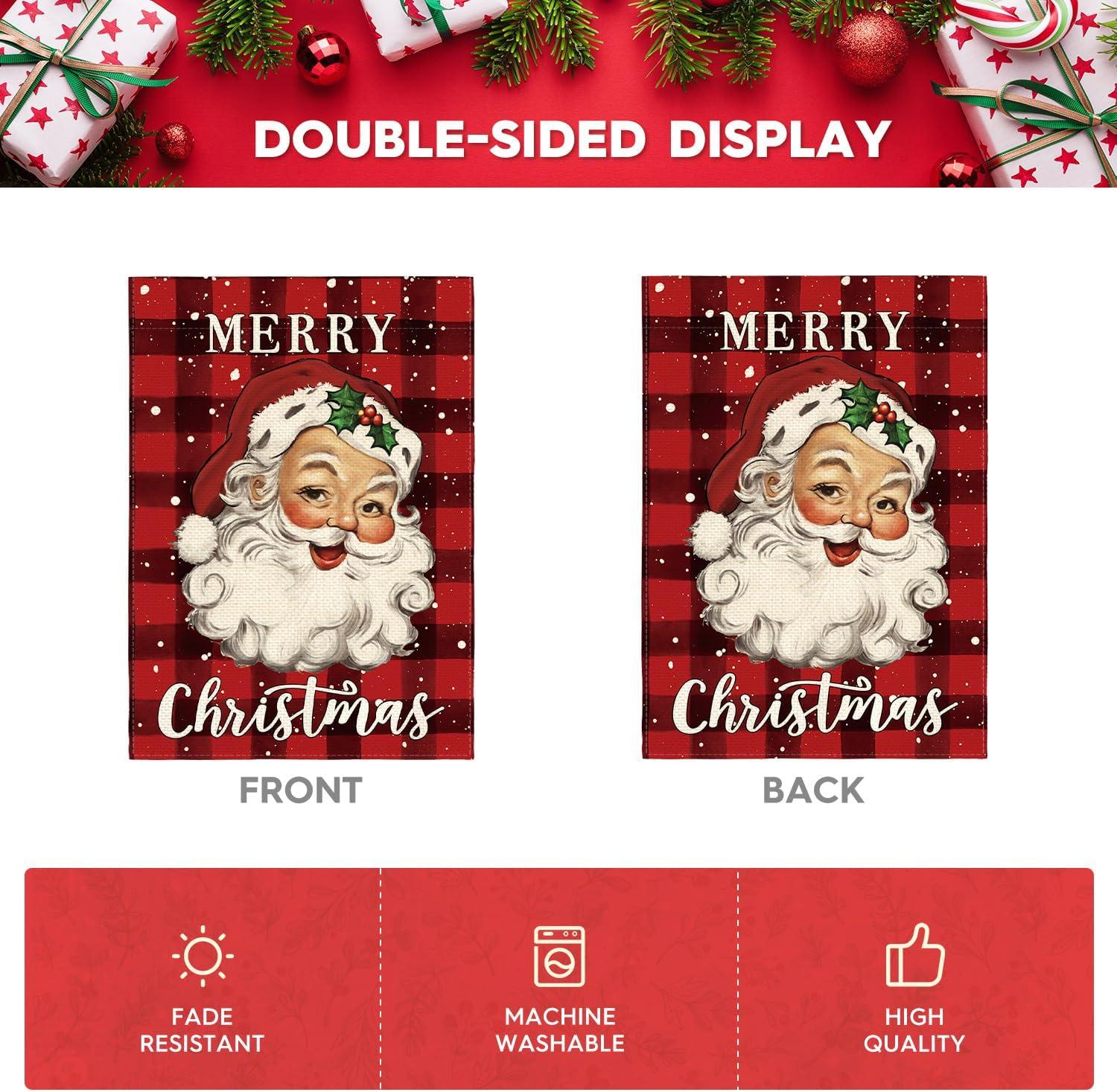 PHYHOO  Merry Christmas Santa Claus Garden Flag Double Sided, Watercolor Buffalo Plaid Winter Holiday Yard Outdoor Decorative Flag White