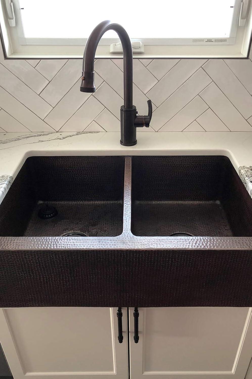 Premier Copper Products KA50DB33229 33" Hammered Copper Apron Front 50/50 Double Basin Kitchen Sink