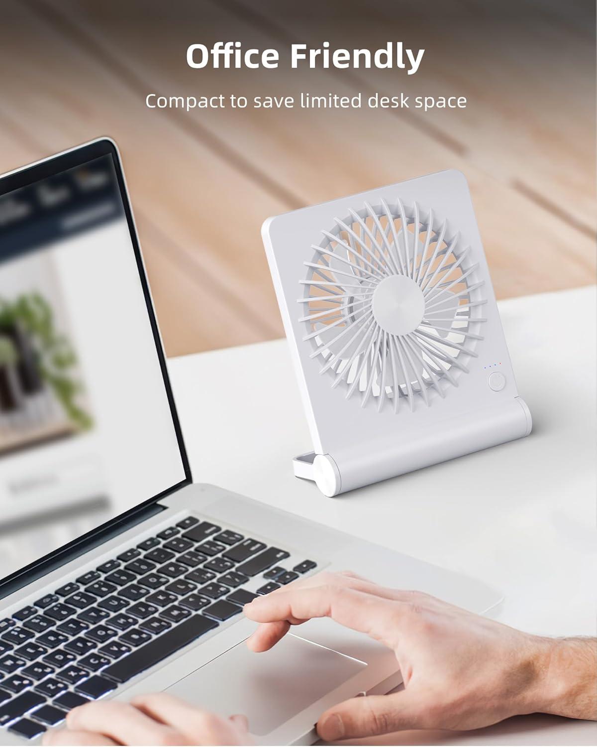 Koonie Portable Desk Fan, 3.5-20hrs Battery Operated Small USB Fan with Ultra Quiet 220° Tilt Folding, Rechargeable Personal Fan with 3 Speeds Strong Wind for Home Office Desktop, White