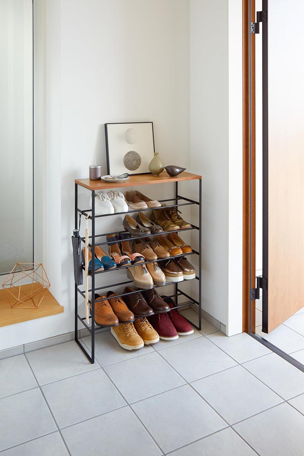 Sleek 6-Tier Black Metal Shoe Rack with Wood Top