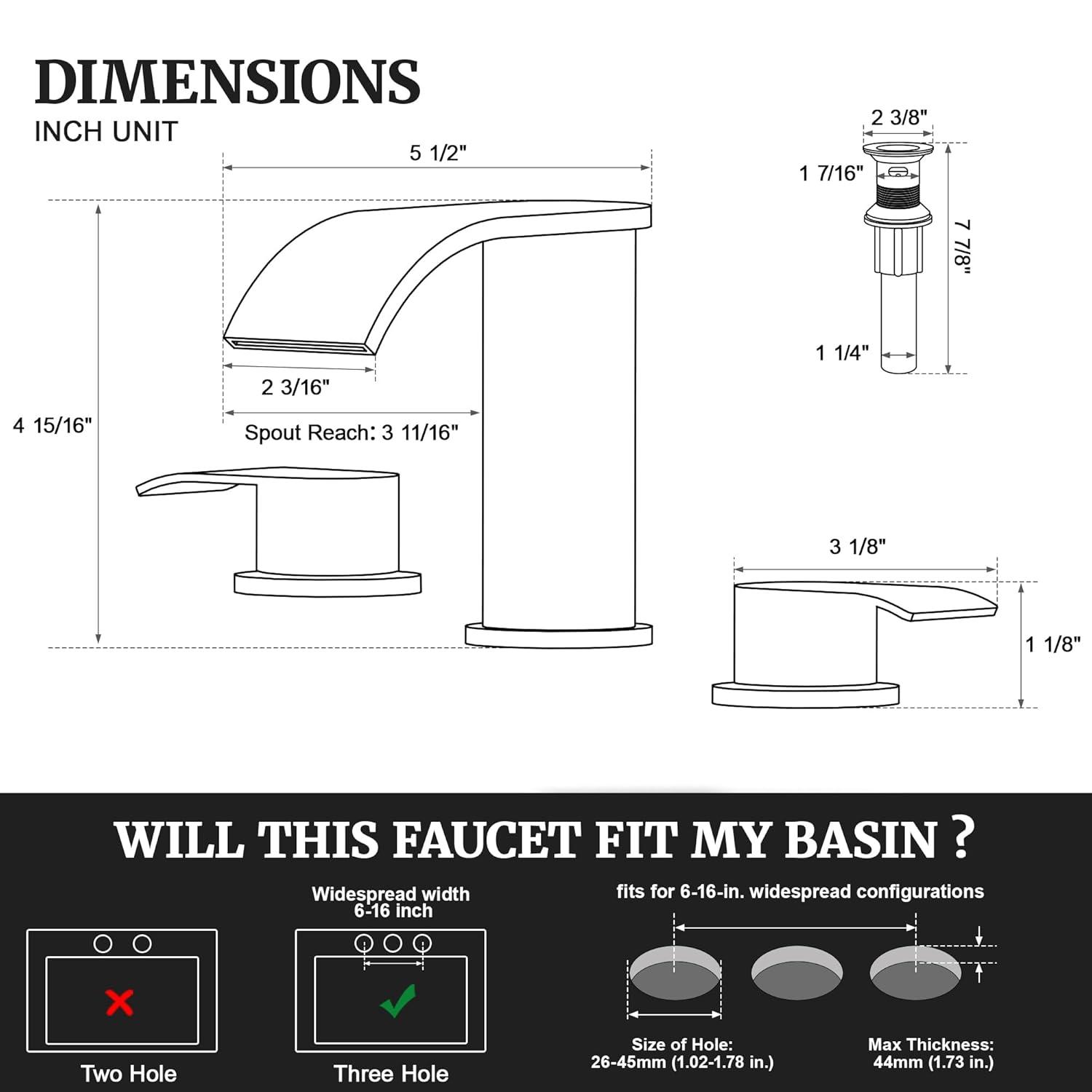 Waterfall Bathroom Sink Faucet Matte Black, Two Handles Bathroom Faucet with Metal Pop up Sink Drain Stopper, 2 or 3 Holes Bathroom Basin Lavatory Mixer Tap with Deck Mount Plate