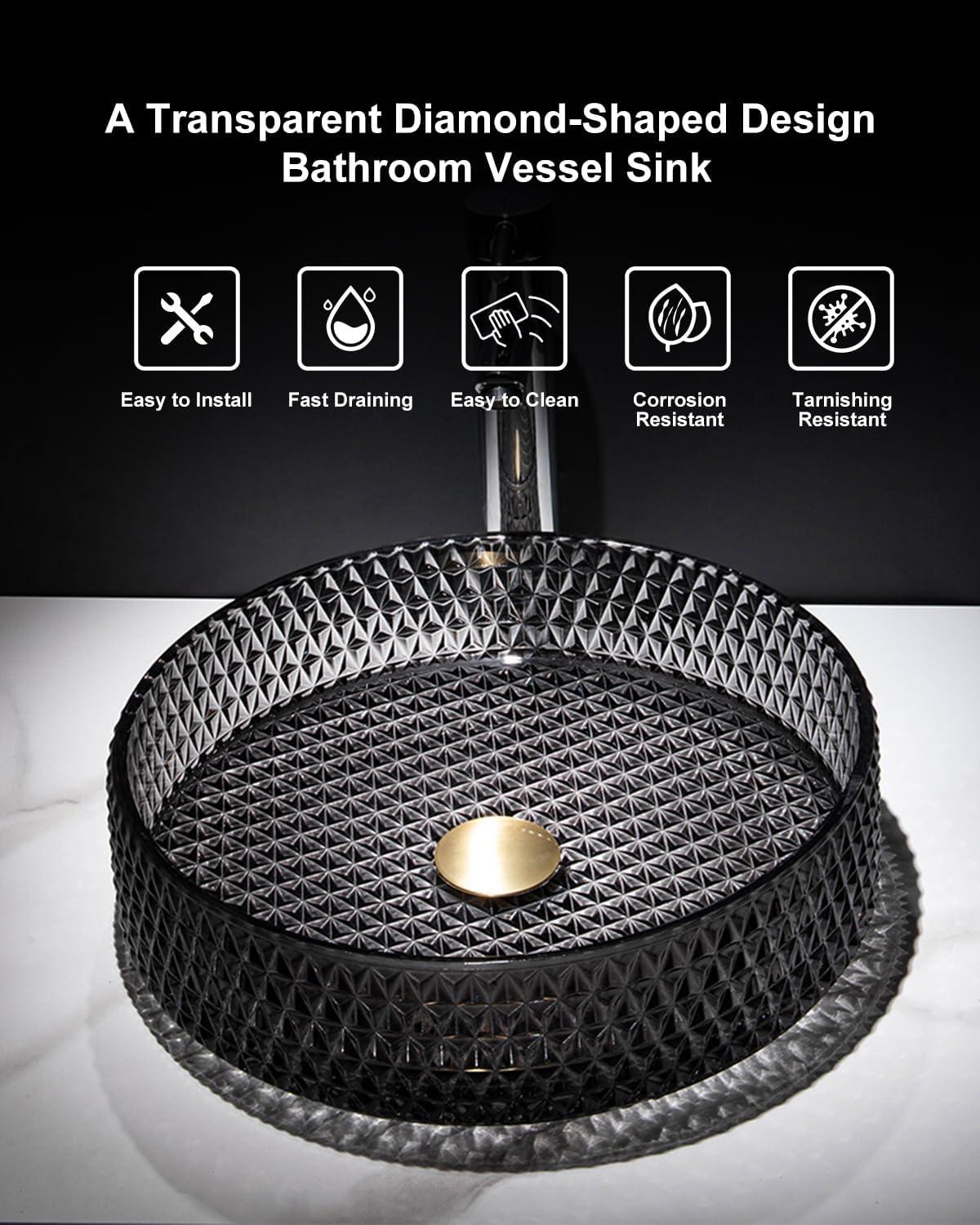 Homary 15" Vessel Transparent Diamond Shaped Crystal Glass Bathroom Wash Sink in Black