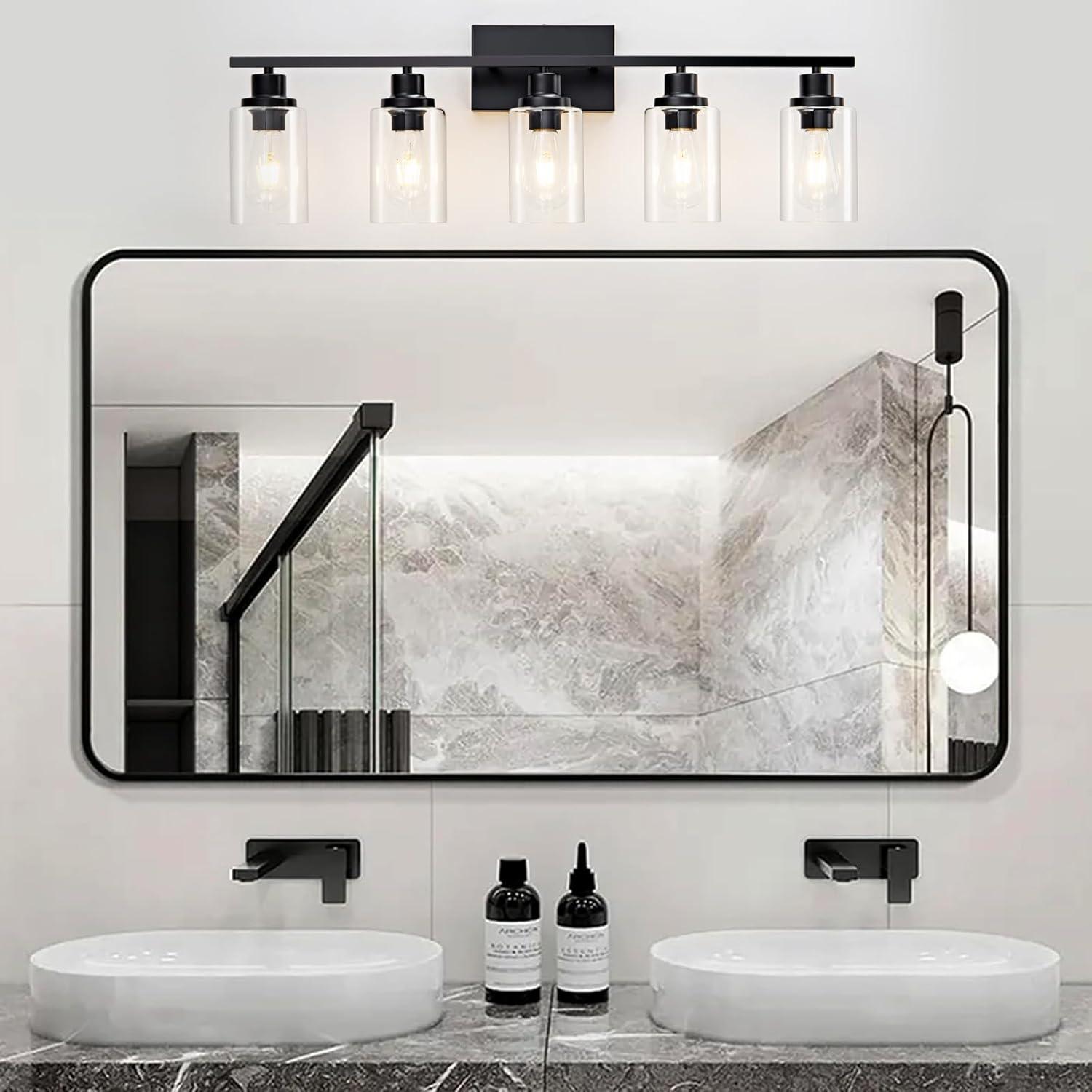 Matte Black 5-Light Bathroom Vanity Fixture with Glass Shades