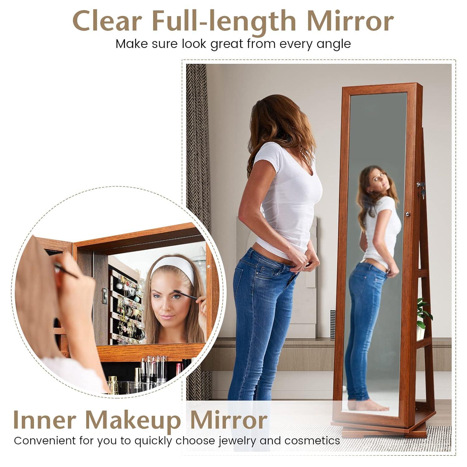 360 Rotating Jewelry Armoire Cabinet, Standing Jewelry Organizer w/Full-Length Mirror & Large Storage Space, Lockable Mirror Jewelry Cabinet for Girls Women (White)