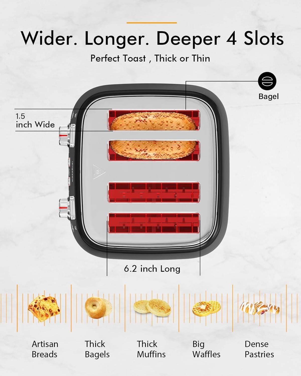 LONGDEEM 4 Slice Toaster, Extra Wide Slots, Longdeem Retro Stainless Steel Toasters, 6 Browning Options, Auto Shut Off & Frozen Function, Toast Fruit Bread, Bagel & Waffle